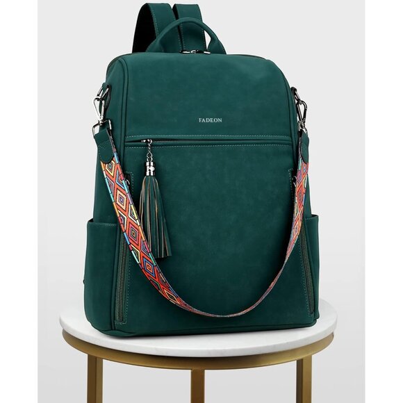Women's Dark Green Suede Style Backpack Designer 15.6 inch PU Leather Laptop Bag - Picture 9 of 9